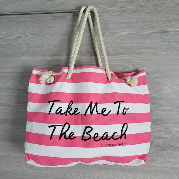 Victorias Secret Pink White Stripe Canvas Take Me To The Beach Tote Rope Handles - Picture 5 of 11